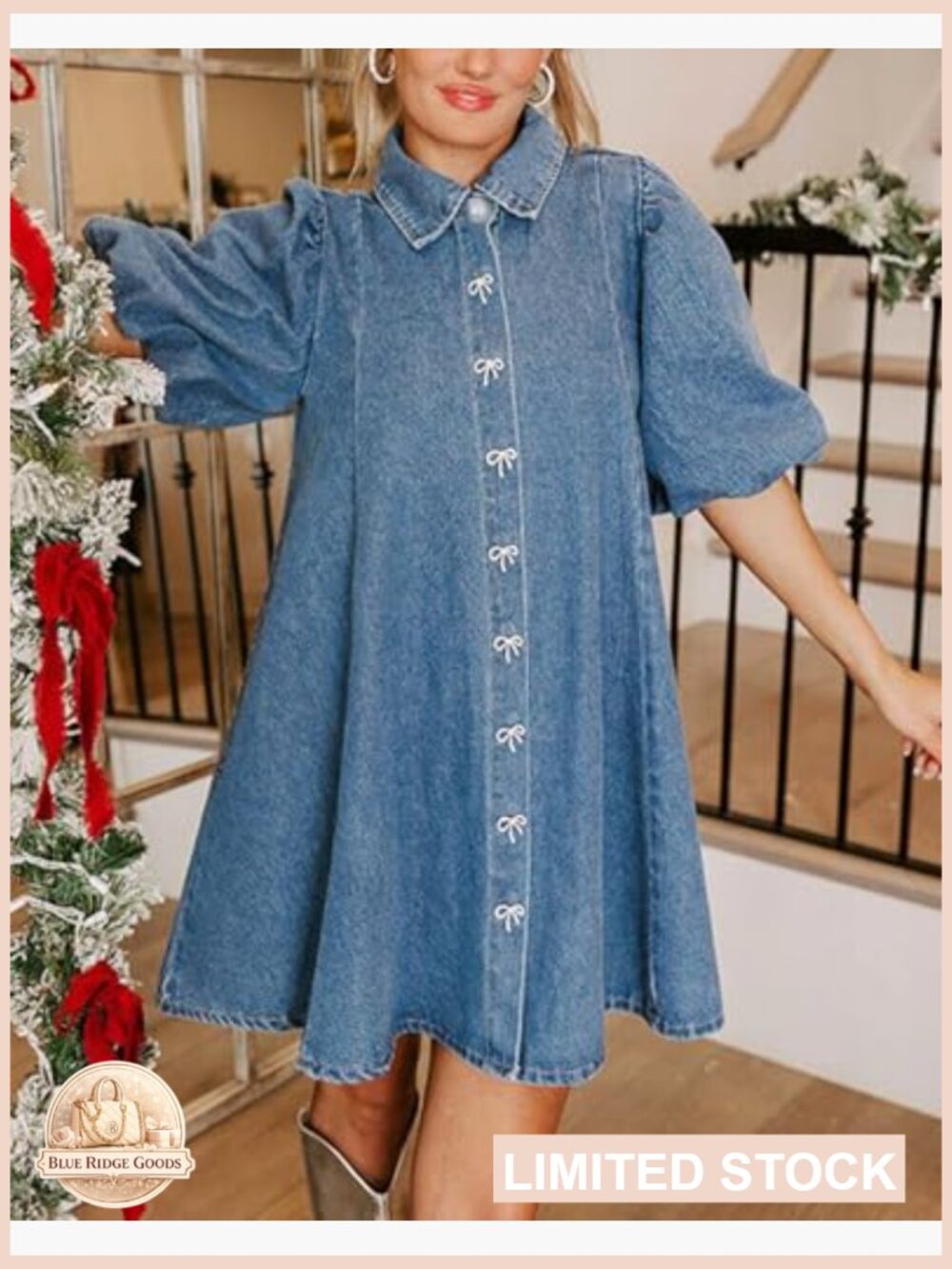 Denim Babydoll Mini Dress with Puff Sleeves Lapel Collar Diamond Bow Decor - Picture 5 of 6